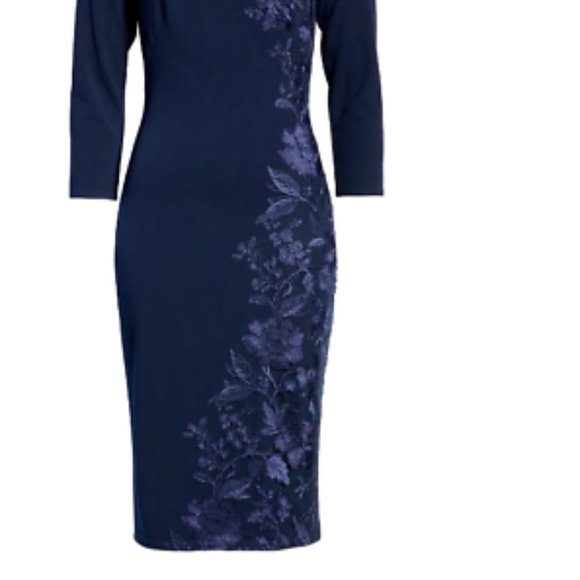 TADASHI SHOJI EMBROIDERED OFF THE SHOULDER 3/4 SLEEVE ROYAL NAVY SHEATH DRESS M - Picture 6 of 7